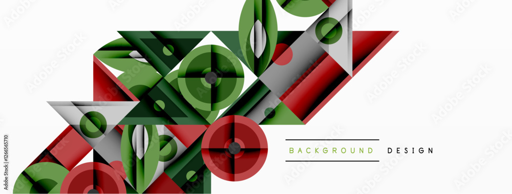 Poster Geometric abstract composition with intersecting shapes, circles, triangles, and gradients, blending vibrant colors and dynamic contrasts to create a modern, futuristic visual design