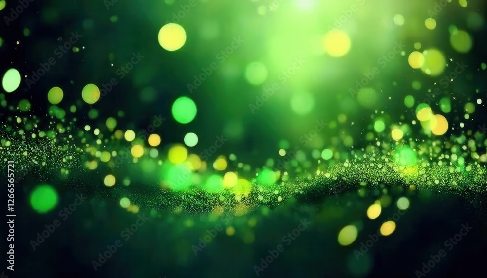 Poster glowing green bokeh background with soft light and yellow accents, abstract sparkles and blurred spo
