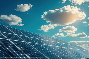 Vibrant solar panel under a clear blue sky with fluffy white clouds above
