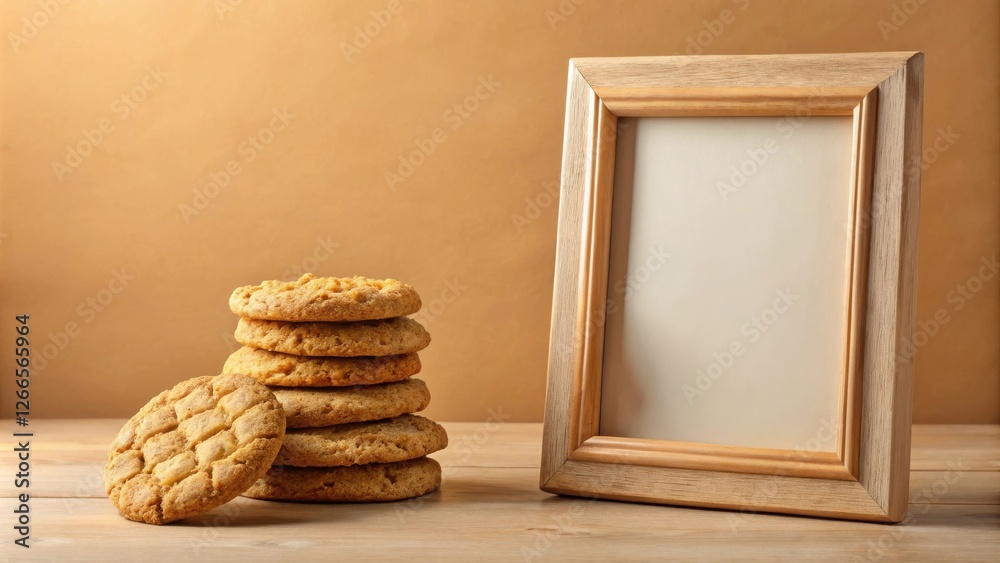 Poster a stack of delicious homemade cookies sits next to a blank wooden picture frame on a rustic wooden s