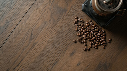 Scattered coffee beans on wooden surface with grinder