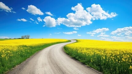 Winding road through yellow rapeseed field, sunny day, blue sky