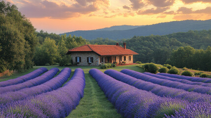 Nature trail bordered by lavender fields, with a small cottage visible at the trail's end
