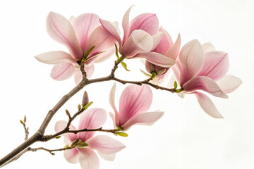 Obraz premium Magnolia Branch With Pink And White Blossoms Against A White Backgrounds and