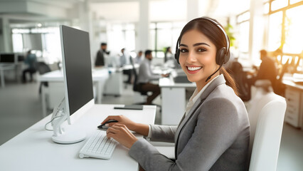 Indian female customer support assisting clients on computer, contact support, and client relationship manager.