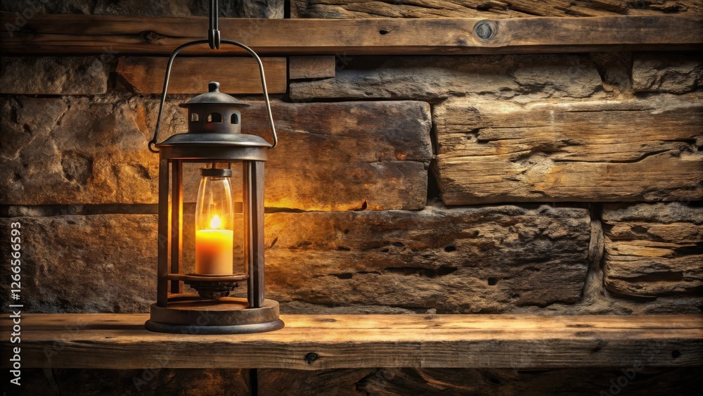 Poster rustic lantern with a lit candle rests on a wooden shelf against a stone wall background