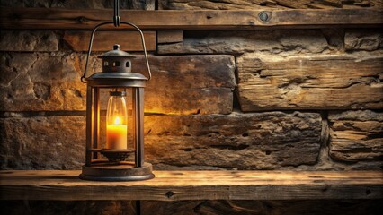 Rustic lantern with a lit candle rests on a wooden shelf against a stone wall background