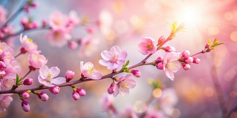 Fototapeta premium Delicate Pink Blossoms on a Branch in Soft Sunlight, a Symbol of Spring's Gentle Arrival