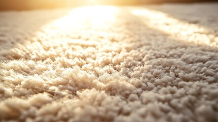 Close-up of beige carpet fibers in sunlight