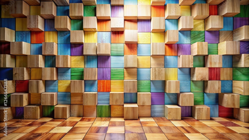 Aufkleber vibrant wooden cube wall installation with checkered floor abstract background for design projects