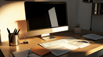 modern office desk with computer and documents