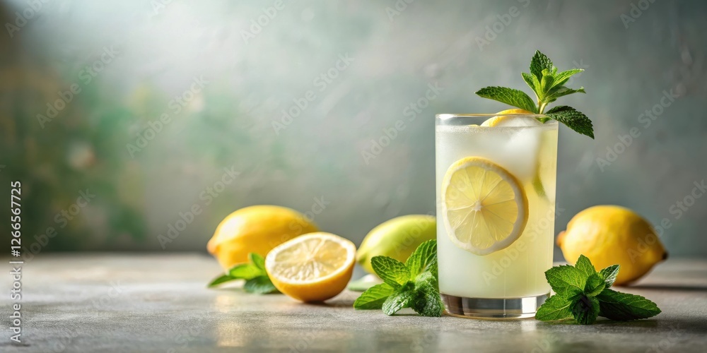 Poster refreshing iced lemonade with lemon slices and mint garnish