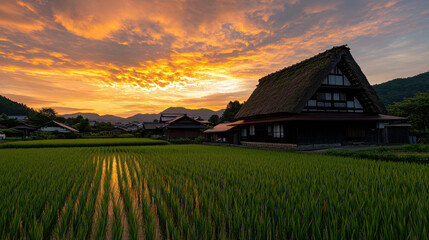 Cozy countryside Japanese farmhouse at sunset with rice fields