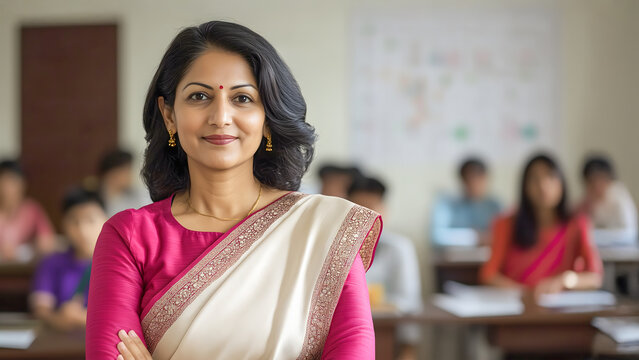 Professional Indian Woman Teacher Standing in Classroom. Educator and School Teaching Concept