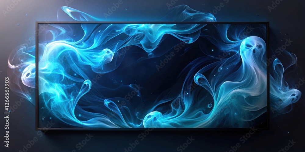 Poster ethereal blue spectral forms on a dark screen display