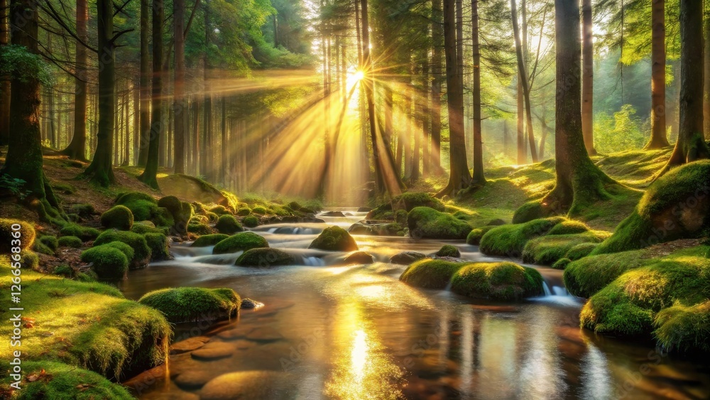 Poster golden sunlight streams through a lush forest, illuminating a tranquil stream flowing over moss-cove