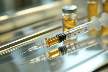 A close-up of a syringe and vaccine vial on a sterile tray,