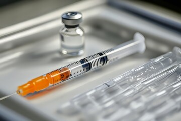 A close-up of a syringe and vaccine vial on a sterile tray,