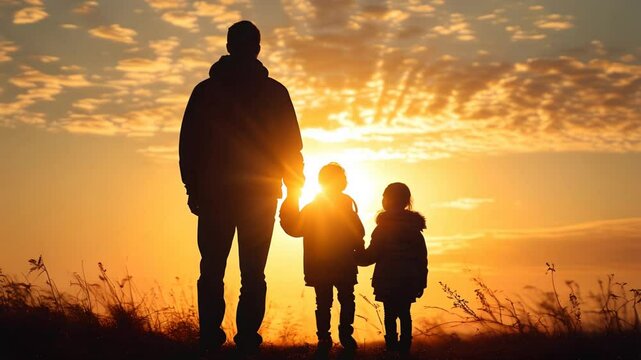 silhouette of a family with father,son and daughter walking together in the sunset time,family or father'sday cncept.