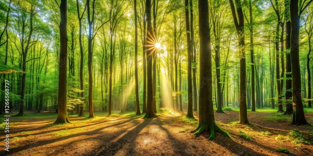 Poster Sunbeams filtering through a lush green forest, creating a magical and serene atmosphere