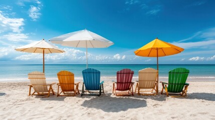 Colorful beach chairs and umbrellas on sunny beach with ocean view