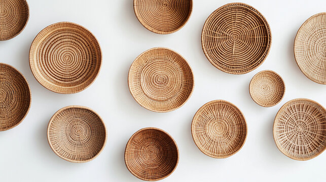 A collection of intricately woven, circular baskets in various sizes, arranged aesthetically on a white wall, showcasing natural textures and patterns.