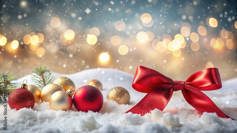 Poster festive red bow and golden and red ornaments nestled in a snowy winter scene with a bokeh background