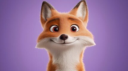 Obraz premium Closeup Of A Fluffy Orange Fox With Joyful Expression Against Purple Background