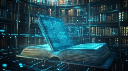A futuristic holographic book floating above a digital library screen, AI-driven education.