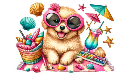 Playful dog wearing oversized pink sunglasses, sitting on a beach towel surrounded by seashells and a tropical drink. Watercolor clipart illustration isolated on a white background
