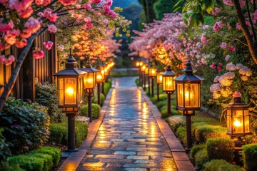 A brightly lit Asian garden path, adorned with floral lanterns and traditional lamps, creates a magical nighttime walkway.