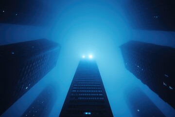 Obraz premium Mysterious urban scene with towering skyscrapers shrouded in dee