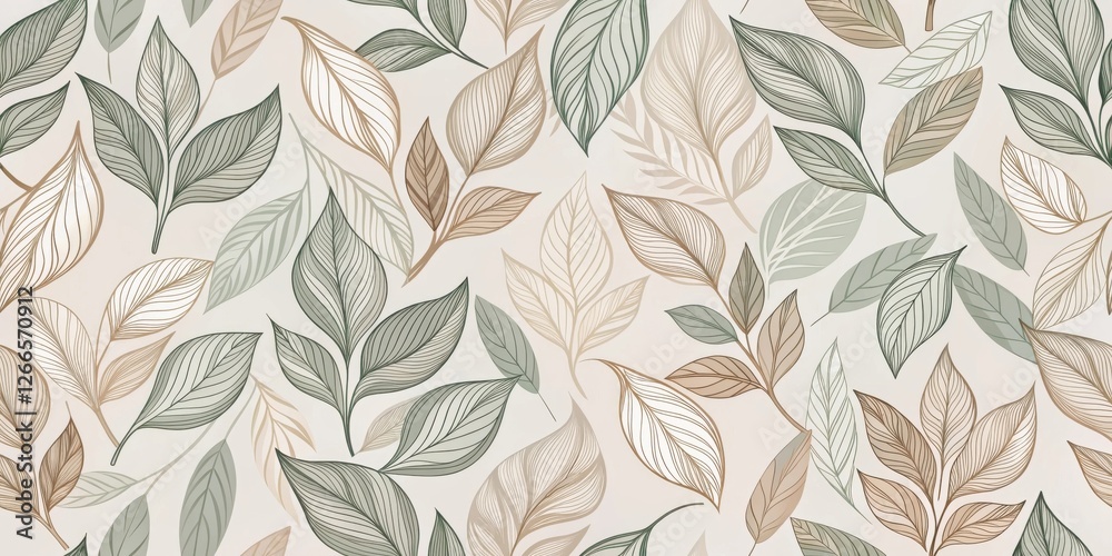 Poster elegant botanical line art a seamless pattern of delicate leaves in muted greens and browns