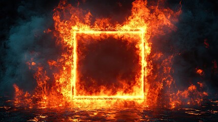 Glowing square frame bursting into flames against a dark background, creating a striking contrast and dynamic visual impact at night, ideal for intense, dramatic visual themes.