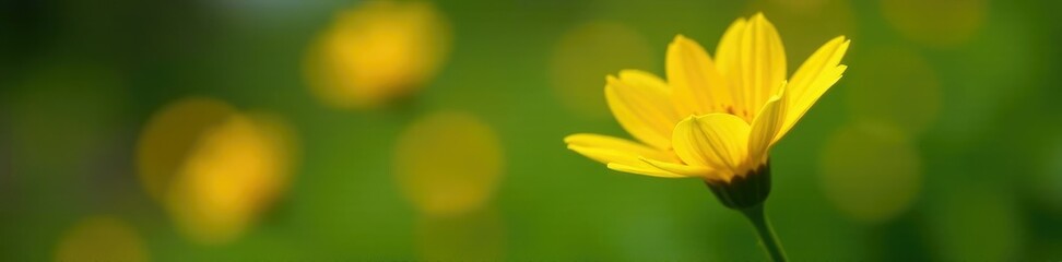Bright yellow petals unfolding from a green stem, botanical garden, flowers