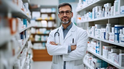 A pharmacist standing in front of a shelf filled with medications,