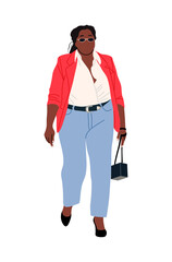 cBlack curvy Business women in modern office look, orange jacket, jeans, high heels and sunglasses. Pretty african american lady boss with stylish afro hair cut. Realistic vector illustration isolated
