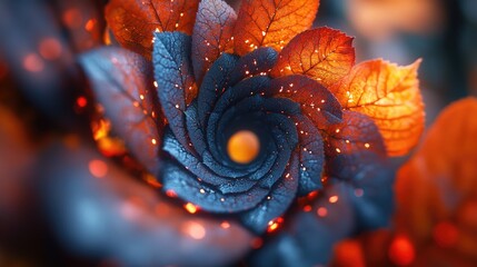 A swirling pattern of vibrant autumn leaves in shades of red and orange,