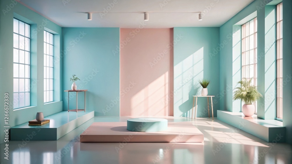 Poster pastel room display with minimalist product presentation platform