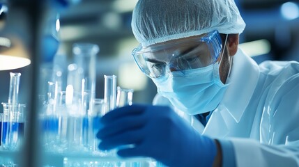 A scientist wearing gloves and a mask, working in a pharmaceutical lab,