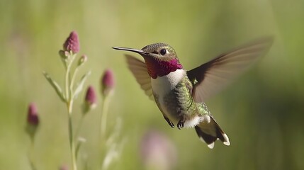 Obraz premium A hummingbird flying close to a flower