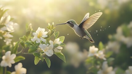 Fototapeta premium A hummingbird flying close to a flower