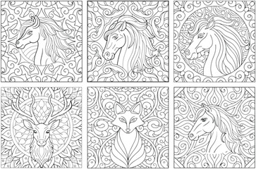 Obraz premium Detailed Animal Coloring Pages: Intricate Horse, Deer, Fox Designs for Adults, Zentangle Style, Relaxation Art Therapy, Printable Outlines