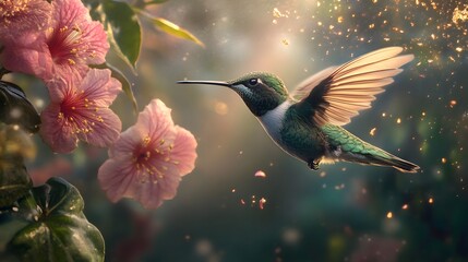 Naklejka premium A hummingbird flying close to a flower