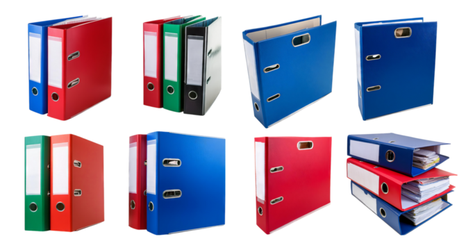 Colorful Office Binders for Organizing Documents Efficiently, isolated on transparent background