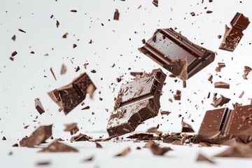 Fototapeta premium Broken chocolate bar pieces falling on white background