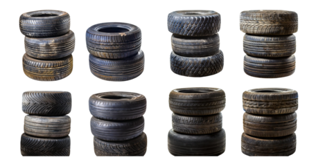 Stacked Variety of Used and Worn Tires on a Reflective Surface, isolated on transparent background