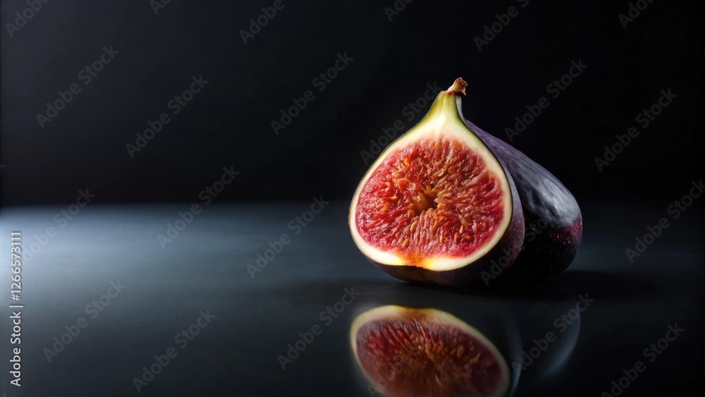 Poster a halved fig and a whole fig rest on a dark surface, reflecting in a polished, dark background.