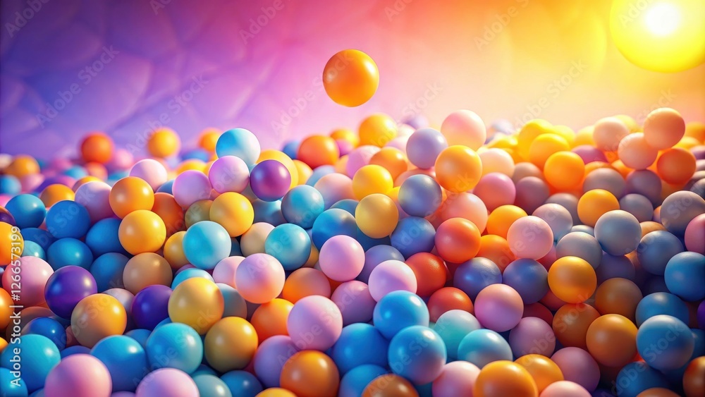Poster a vibrant cascade of pastel spheres bathed in warm sunlight, creating a joyful and playful scene of 