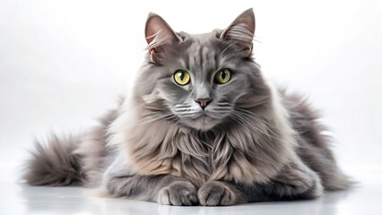 A fluffy gray cat, adorable and serene, perfectly positioned within the rule of thirds, in a pristine studio setting.